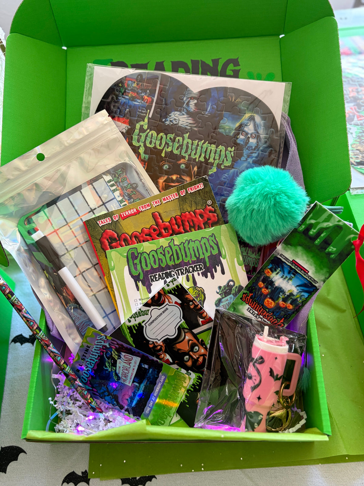Reading Gives Me Goosebumps mystery book box! 💚🖤🧡