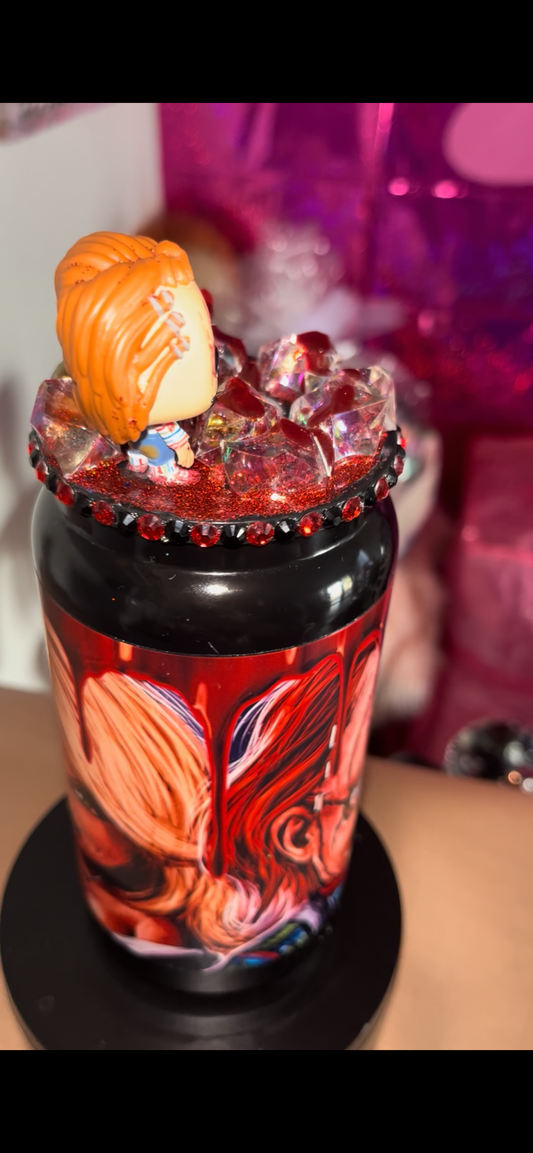 16 oz steel Chucky and Tiff tumbler with handle and Chucky Funko topper