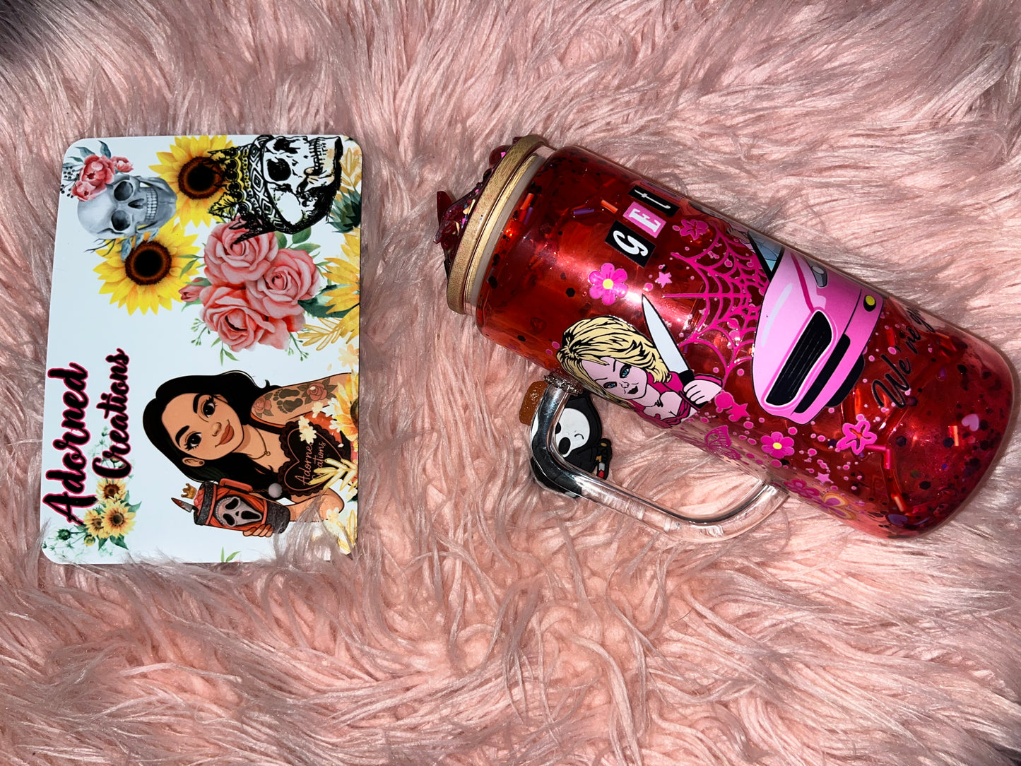 Get in Losers We’re Going Slashing! 20 oz glass slow drip blood tumbler with horror icon Ghostface charm!