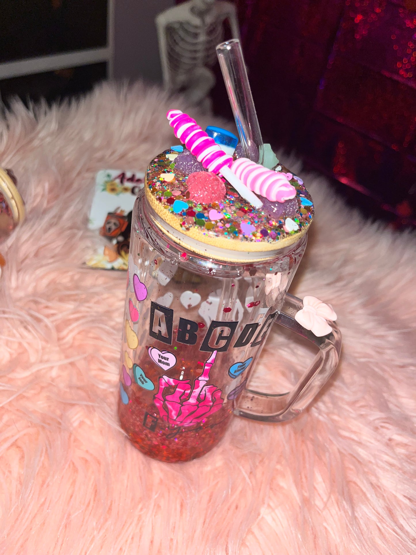ABCDE-FU 20 oz glass tumbler with slow drip hearts! 💕