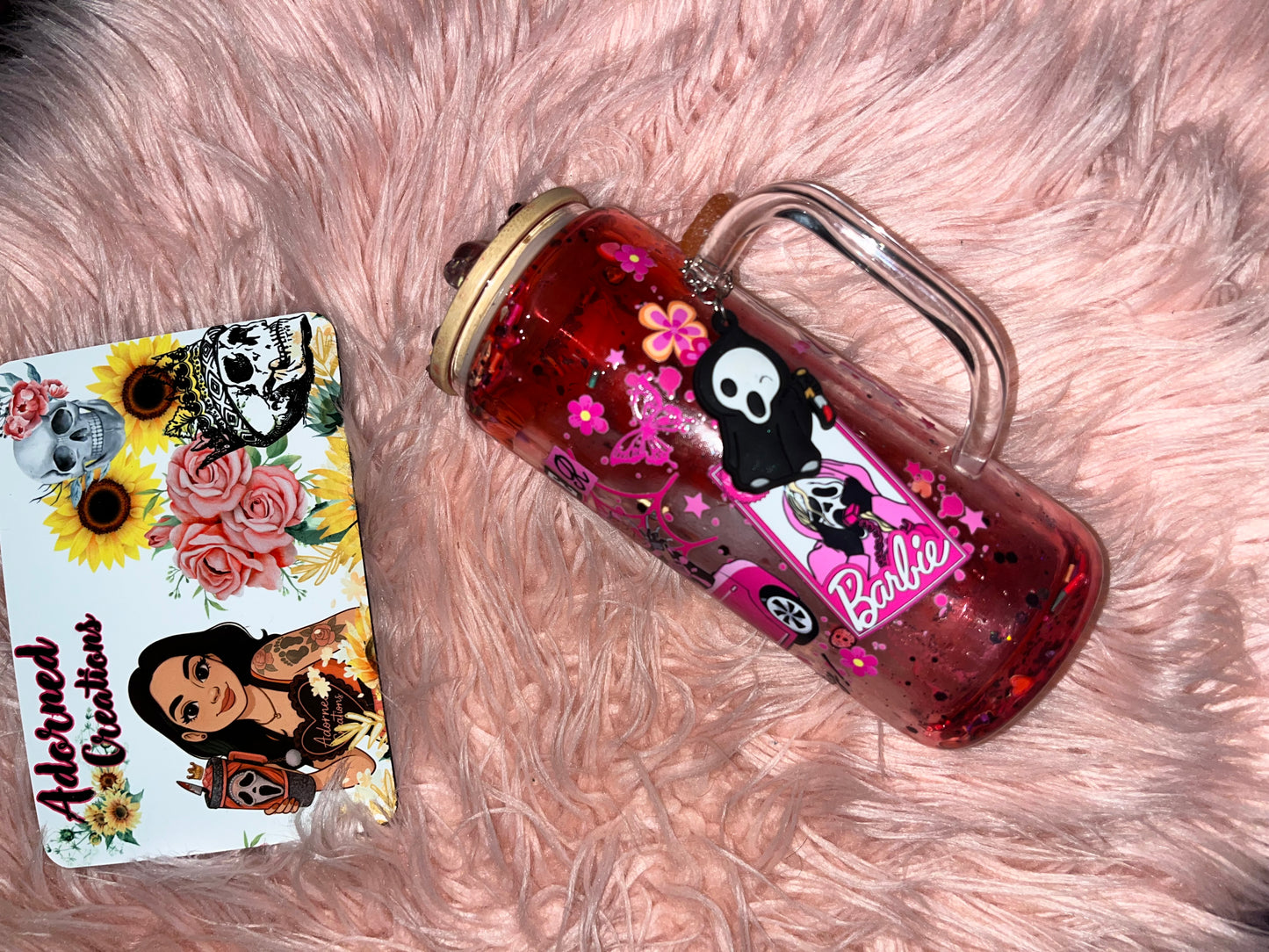 Get in Losers We’re Going Slashing! 20 oz glass slow drip blood tumbler with horror icon Ghostface charm!