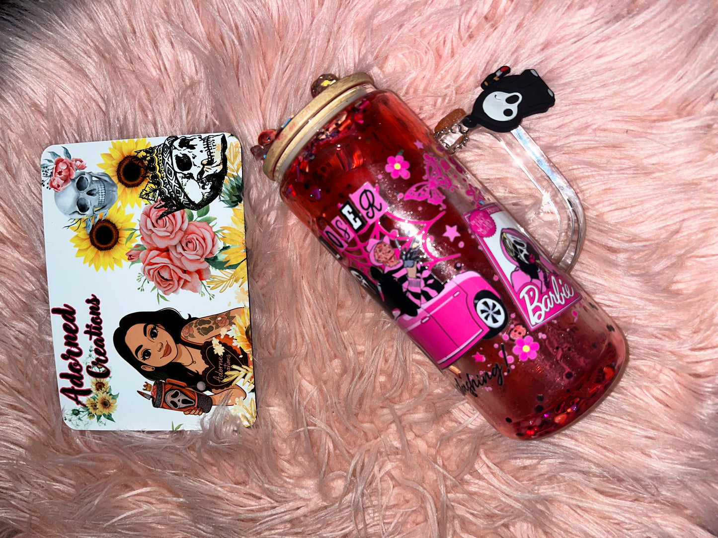 Get in Losers We’re Going Slashing! 20 oz glass slow drip blood tumbler with horror icon Ghostface charm!