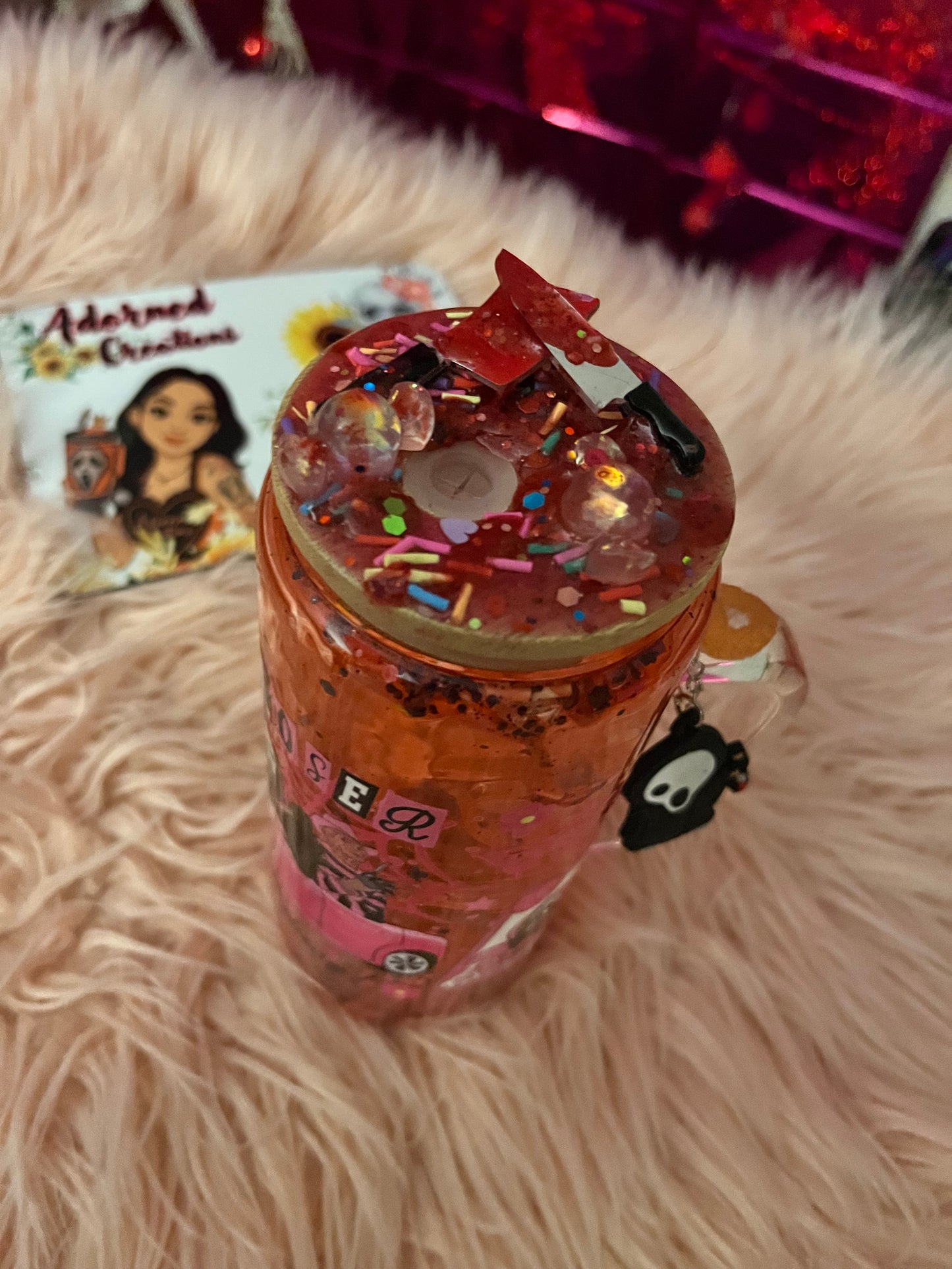 Get in Losers We’re Going Slashing! 20 oz glass slow drip blood tumbler with horror icon Ghostface charm!