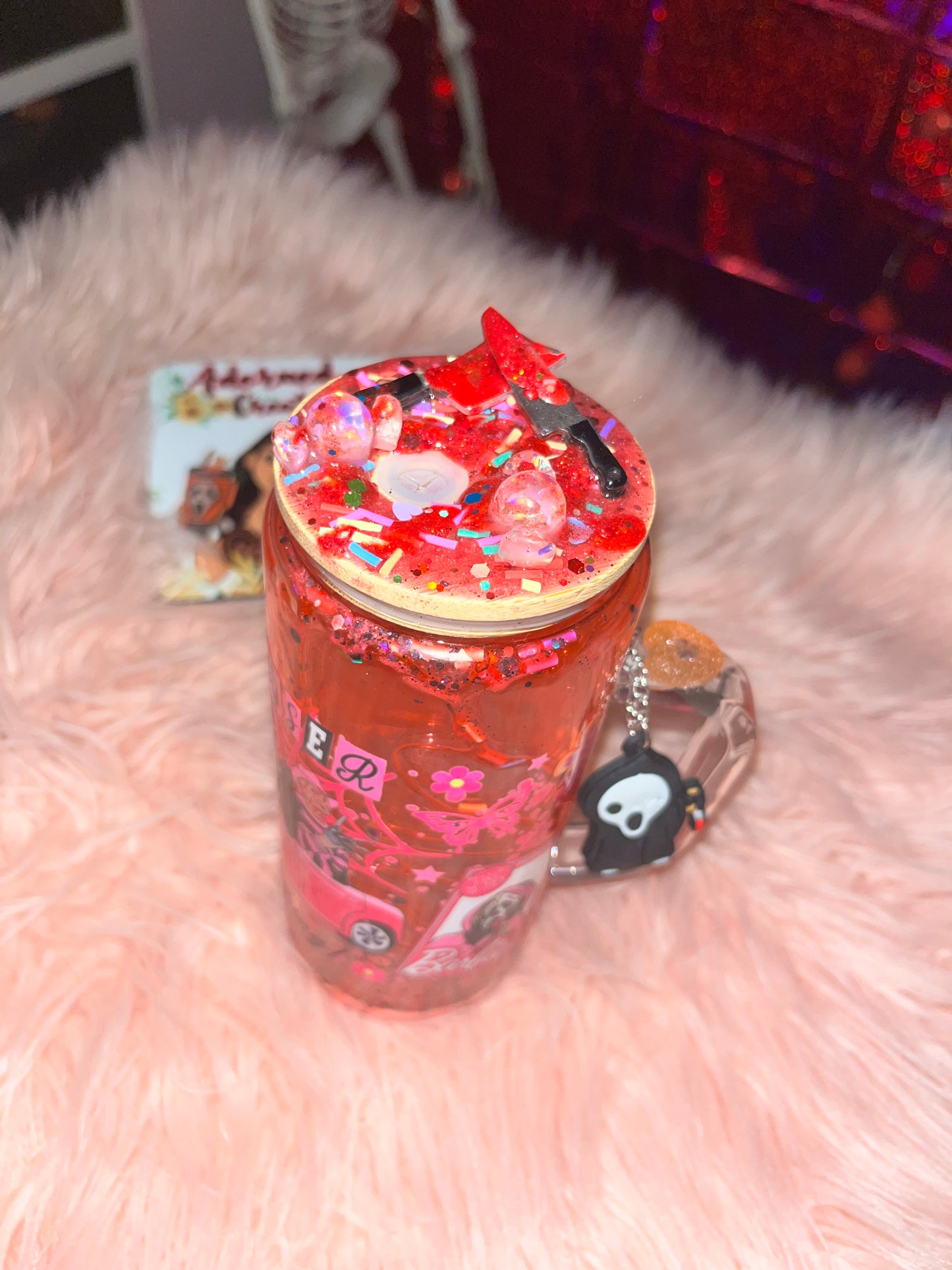 Get in Losers We’re Going Slashing! 20 oz glass slow drip blood tumbler with horror icon Ghostface charm!
