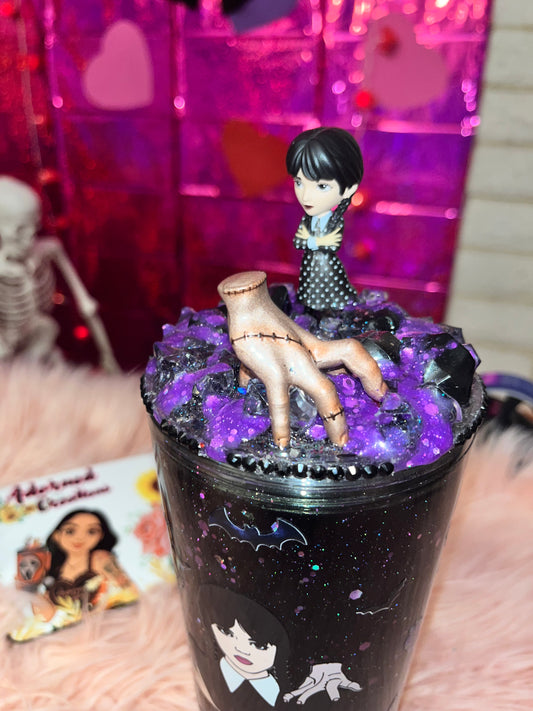 🖤 24 oz Wednesday inspired snowglobe tumbler with one of a kind Thing and Wednesday resin sealed lid 🖤
