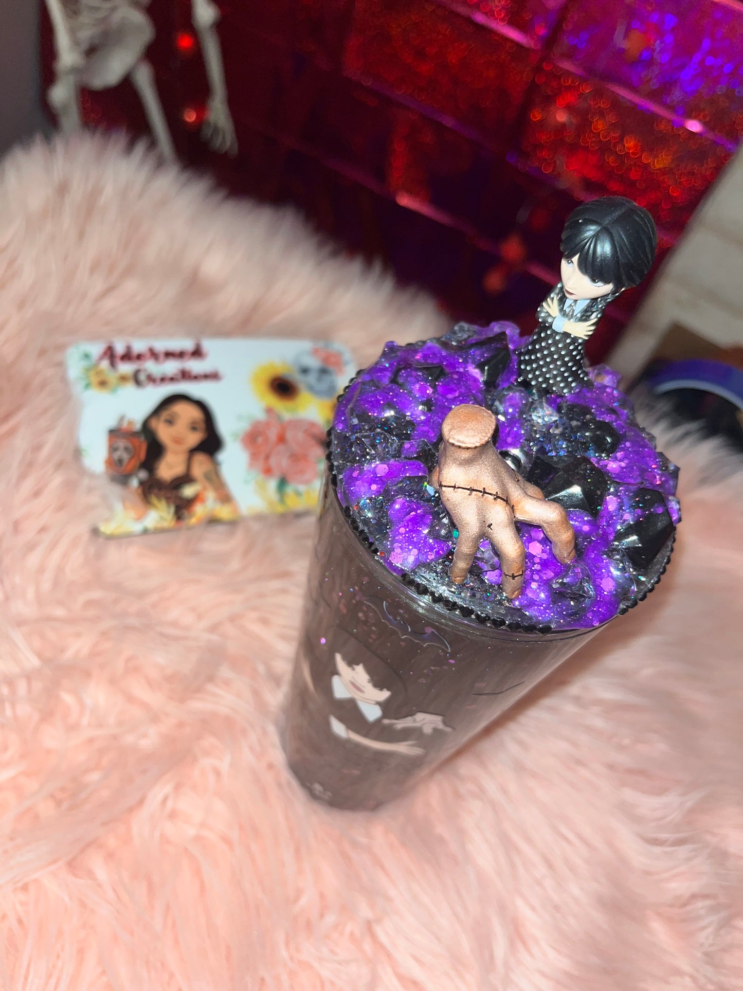 🖤 24 oz Wednesday inspired snowglobe tumbler with one of a kind Thing and Wednesday resin sealed lid 🖤