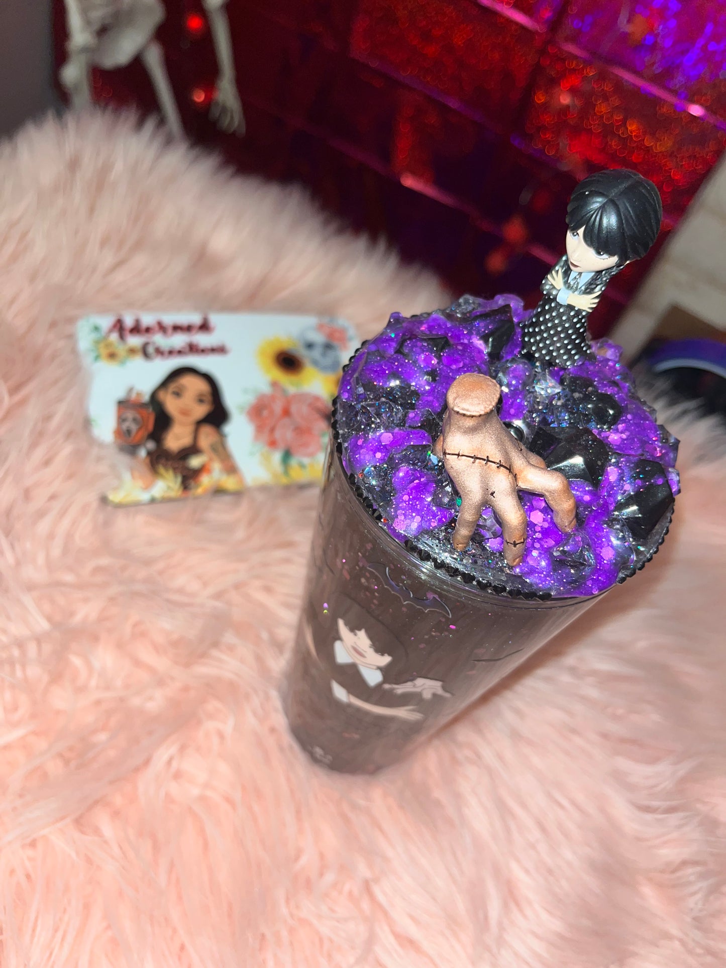 🖤 24 oz Wednesday inspired snowglobe tumbler with one of a kind Thing and Wednesday resin sealed lid 🖤