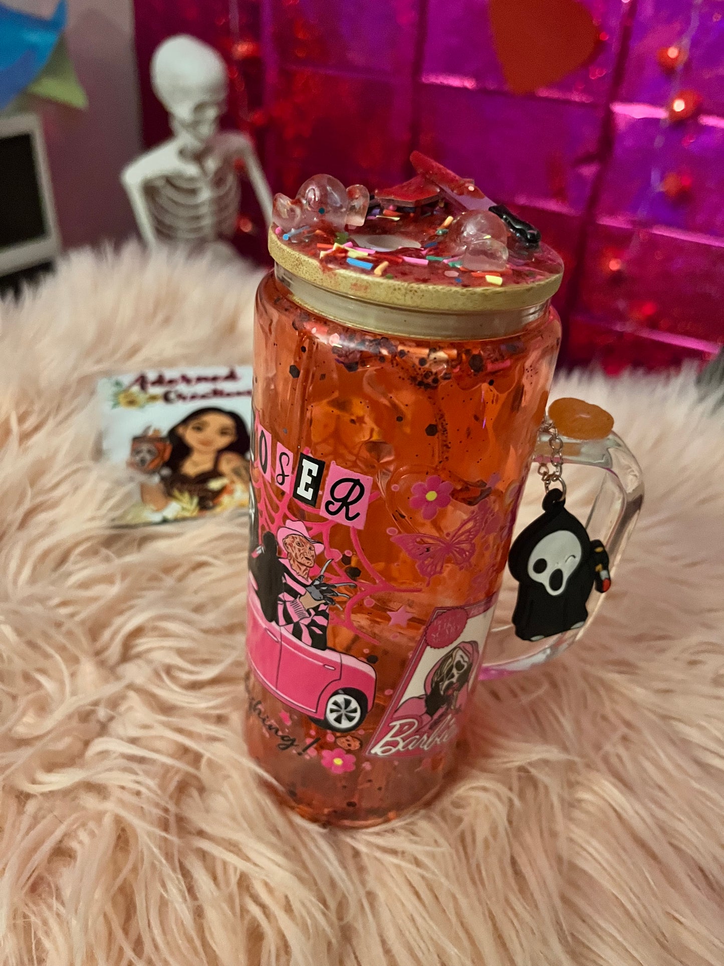 Get in Losers We’re Going Slashing! 20 oz glass slow drip blood tumbler with horror icon Ghostface charm!