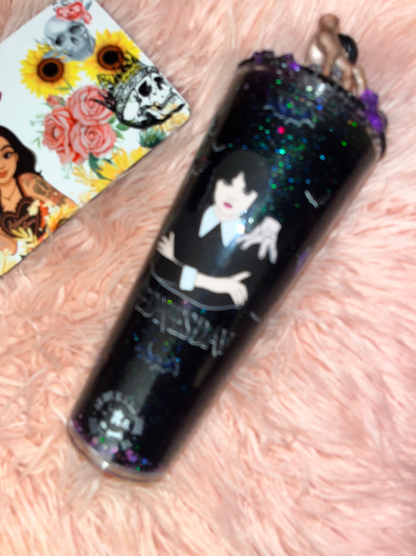 🖤 24 oz Wednesday inspired snowglobe tumbler with one of a kind Thing and Wednesday resin sealed lid 🖤
