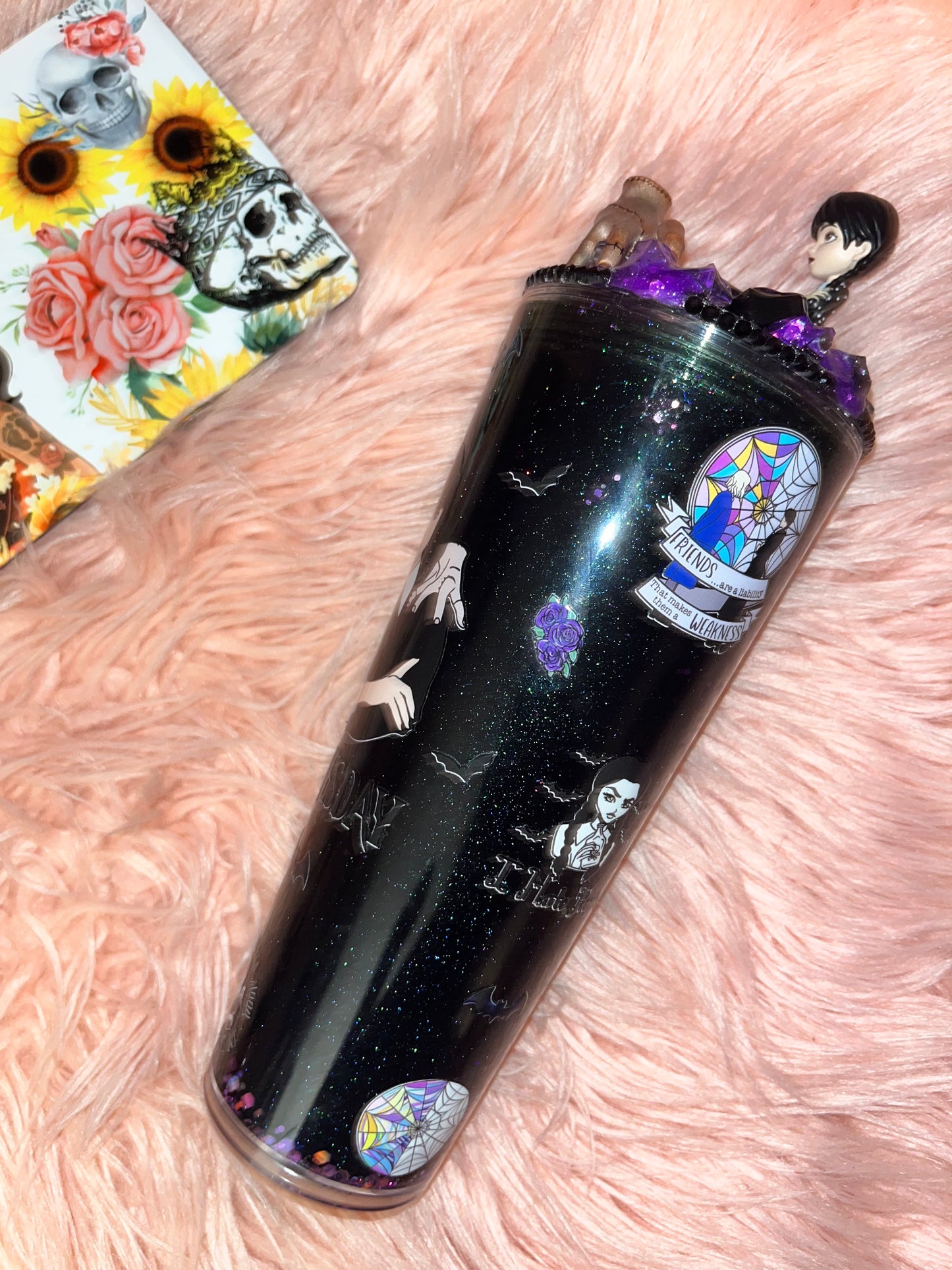 🖤 24 oz Wednesday inspired snowglobe tumbler with one of a kind Thing and Wednesday resin sealed lid 🖤