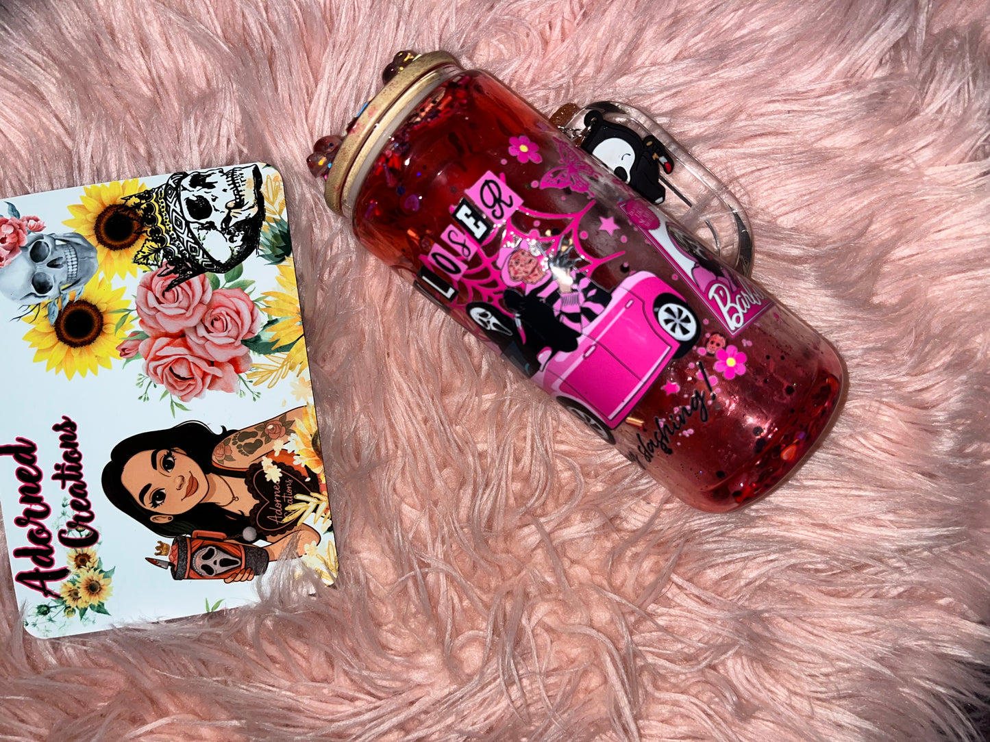 Get in Losers We’re Going Slashing! 20 oz glass slow drip blood tumbler with horror icon Ghostface charm!