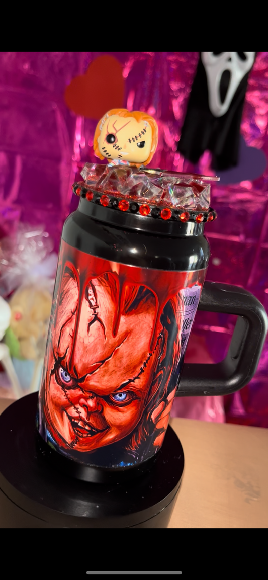 16 oz steel Chucky and Tiff tumbler with handle and Chucky Funko topper