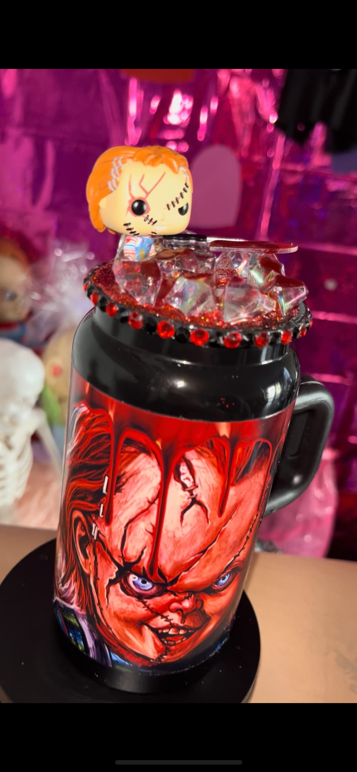 16 oz steel Chucky and Tiff tumbler with handle and Chucky Funko topper