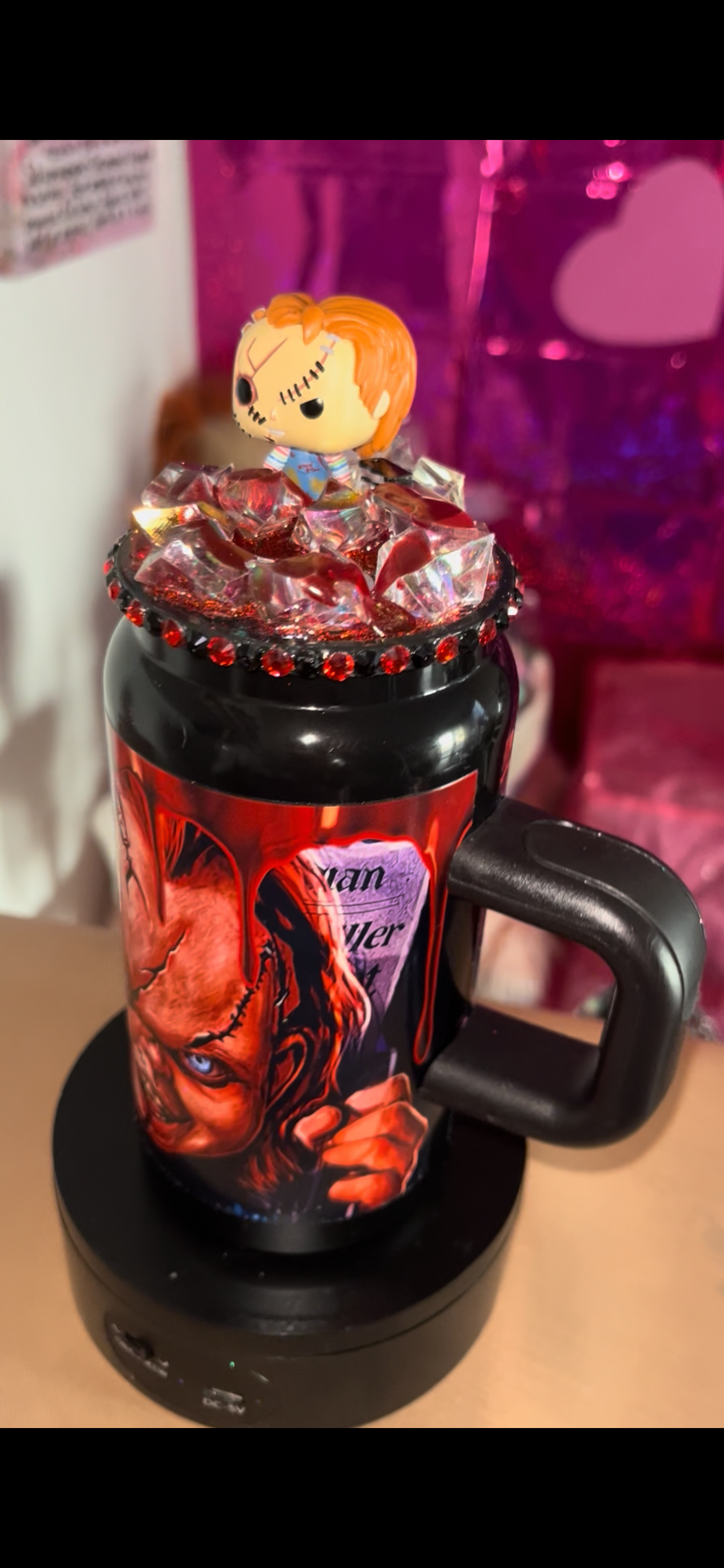 16 oz steel Chucky and Tiff tumbler with handle and Chucky Funko topper